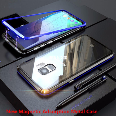 

New Magnetic Adsorption Metal Case Samsung Galaxy S9Plus Transparent Tempered Glass Cover Magnets Bumper for Samsung Galaxy S9
