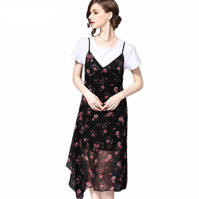 

Summer Wear Irregular Hem Print Chiffon Skirt Long Strap Dress T-shirt 2 Piece Set Women Summer