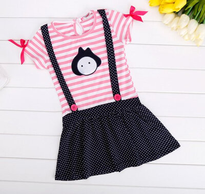 

New Cute Kids Children Girls Short Sleeve Striped Dot Print Dress