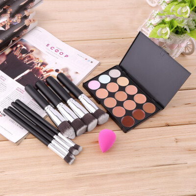 

New 15-Colors Makeup Concealer Palette + Sponge Puff + 8pcs Brushes Set Black