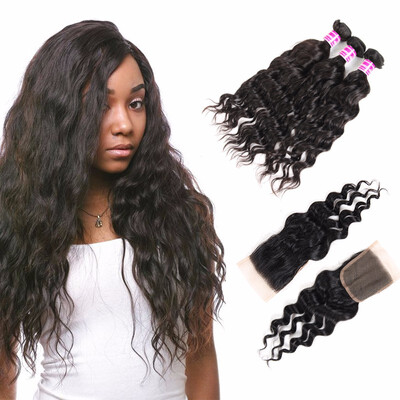 

8A Brazilian Virgin Human Hair Natural Wave 3 Bundles with Closure Unprocessed Bundles with Free Part Lace Closure