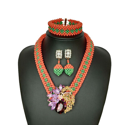 

Handmade Nigerian Jewelry Set Dubai Green Red Crystal Beads Statement Necklace African Wedding Beads Jewelry Set For Bridal