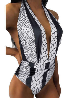 

2018 Print Halter Swimsuit Deep V Neck Sleeveless Backless One Piece Swimwear