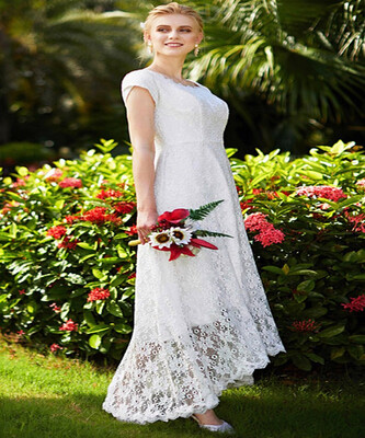 

A Line Jewel Neck Asymmetrical Lace Wedding Dresses with Draping Lace by CIRCELEE®