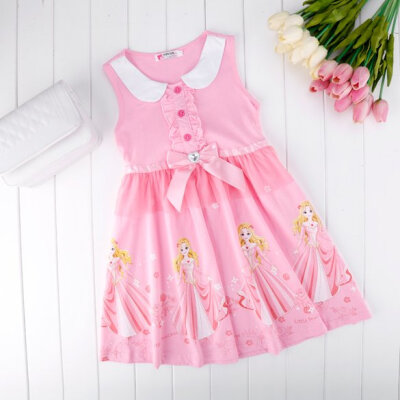 

New Cute Sleeveless Girls Doll Collar Character Pattern Bow Mesh Splicing Casual Dress