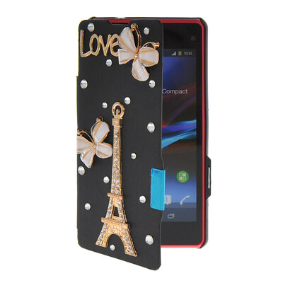 

MOONCASE Rhinestone Crystal Ultre Slim Leather Side Flip Wallet Shell Back Case Cover for Sony Xperia Z1 Compact (Mini) Black