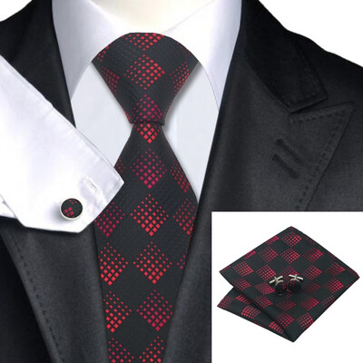 

N-0231 Vogue Men Silk Tie Set Red Plaid Necktie Handkerchief Cufflinks Set Ties For Men Formal Wedding Business wholesale