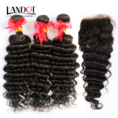 

10A Unprocessed Malaysian Virgin Human Hair Weave 3 Bundles With Lace Closure Deep Wave Curly Cuticle Aligned Remy Hair Extensions