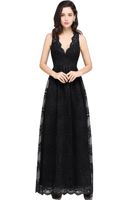 

Sheer Back Bridesmaid Navy Blue Lace Evening Dress Long Cheap V Neck A Line Evening Party Dresse