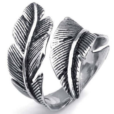 

Hpolw Mens Womens silver&black Stainless Steel Angel Wing Vintage fashion feather Ring