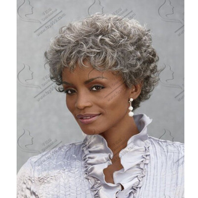 

QianBaiHui Short Curly Wigs with Bangs Silver Gray Synthetic Hair Wigs for White Women Party Cosplay Wig with Wig Cap