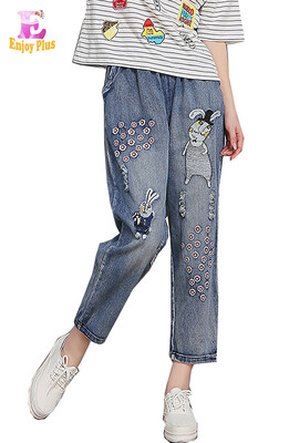 

XXL 3XL 4XL casual cotton summer 2018 harem jeans long pant big size blue denim trousers loose cartoon embroidery elastic waist
