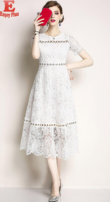 

S M L XL XXL elegant new summer 2018 long lace dress women short sleeve black white hollow out office lady A line mid calf