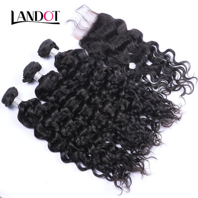 

8A Brazilian Virgin Hair Natural Water Wave With Closure 4PcsLot Wet And Wavy Curly Human Hair Weaves 3 Bundles And Lace Closures