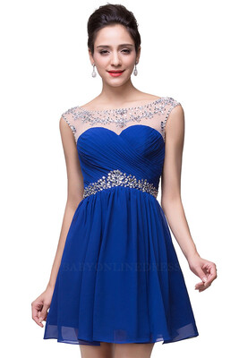 

Short Mini Homecoming Prom Party Dresses Sheer Neck Pleated Chiffon Red Graduation Dress 2018