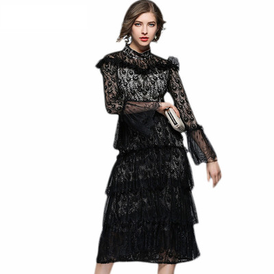 

2018 Vintage Cascading Ruffle Peacock Lace Long Flare Sleeve A-line Party Spring Women Princess Lace Dress