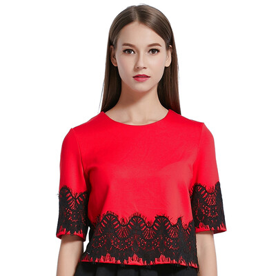 

POPBASIC Womens Autumn Fashion Elegant Round Neck 34 Sleeve Short Tops With Lace