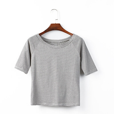 

Canvaus Summer New Fashion Slim O-neck Commuter Horizontal Striped Half-sleeved Office Lady Cotton T-shirt