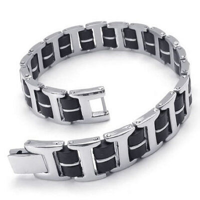 

Hpolw Mens black&silver Stainless Steel Rubber Bolt buttoned BraceletBangledurable in use