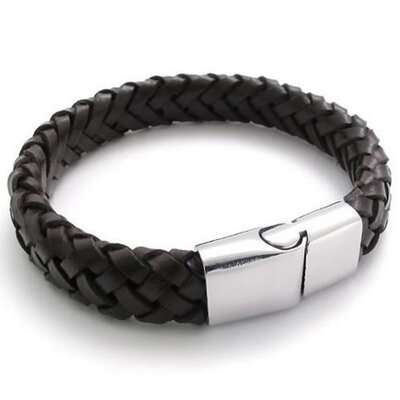 

Hpolw Brown Leather Mens Bracelet Bangle Stainless Steel Clasp - 8" 85" 9