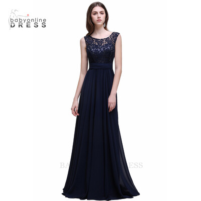 

Cheap Under 50 Navy Blue A-line lace evening dresses Women sleeveless long evening dress chiffon formal party dress 4 Styles