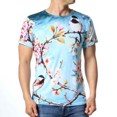 

Fashion Mens O-neck Flower&Bird Print Pullover T-Shirts