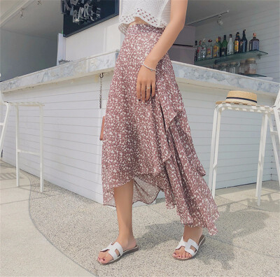 

Elastic Waist Chiffon Floral Print Irregular Midi Skirts Women Elegant Ruffles High Waist Boho Skirts Faldas Mujer Saias