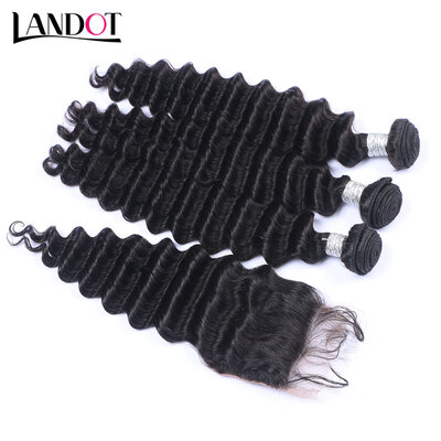 

8A Indian Virgin Hair Deep Wave With Closure 3 Bundles Indian Deep Curly Human Hair Weaves And Lace Closure 4Pcs Lot Natural Black