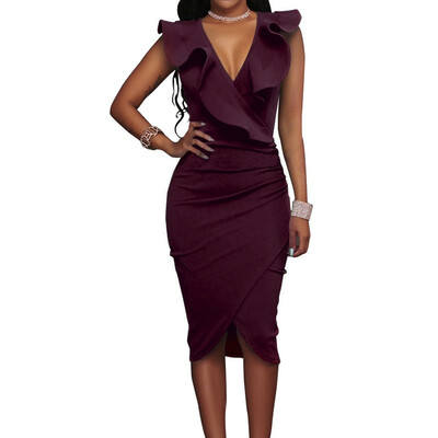 

Summer Dress Women Elegant Sexy Sleeveless V Neck Pencil Party Dresses Ladies Ruffles Bodycon Slim Midi Dress Vestidos De Festa