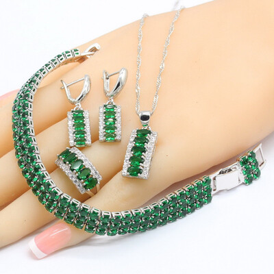 

925 Silver Logo Bridal Jewelry Sets For Women Green Emerald Bracelet Earrings Necklace Pendant Rings
