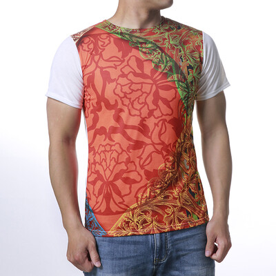 

Mens O-neck Tops Flower Print Colorful Pullover T-Shirts
