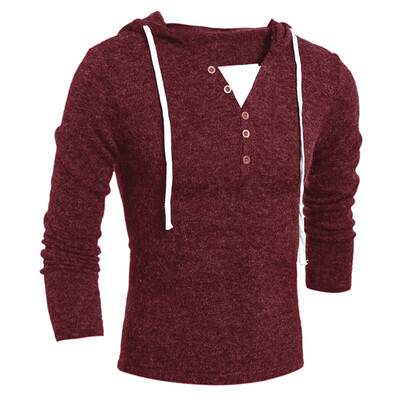 

New Mens Fashion Winter Warm Boutique Drawstring Hooded Sweater Good Material Solid Color V-neck Pullovers
