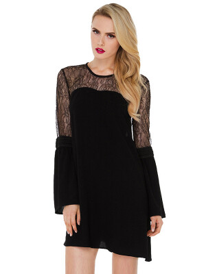 

Lace Patchwork Flared Sleeve Solid Womens Mini Dress