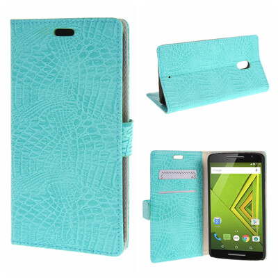 

MOONCASE Motorola Moto X Play ЧЕХОЛ ДЛЯ Snake pattern Leather Flip Folio Wallet Card Slot Stand Azure