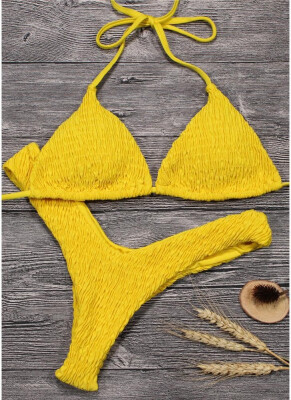 

2018 Women Bikini Set Solid Shirred Halter Top Bottom Beach Swimwear Swimsuit Bathing Suit