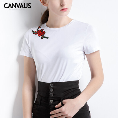 

Canvaus Women Clothing Summer Cotton White Black Slim Casual Embroidery Flower Round Collar Short Sleeve T Shirt Tops