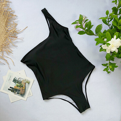 

Womens Solid One Shoulder Bikini Stripe Print Thong Swim Wear One Piece Beachwear Sexy Vintage Maillot De Bain Femme