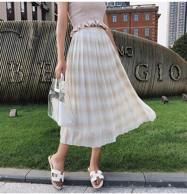 

Elastic Waist Chiffon Plaid Skirts Women Elegant Sweet High Waist Midi Party Skirt Harajuku Korean Style Faldas Mujer Saias
