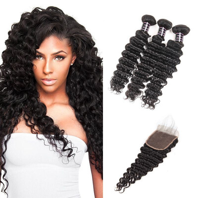 

Ishow Hot Selling Brazilian Deep Wave With Closure 7A Brazilian Virgin Hair 3 Bundles With Baby Hair Closure Nantural Color
