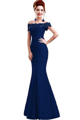 

New Arrival Elegant Crystal Beaded Red Royal Blue Lace Mermaid Long Evening Dresses Prom Party Dress