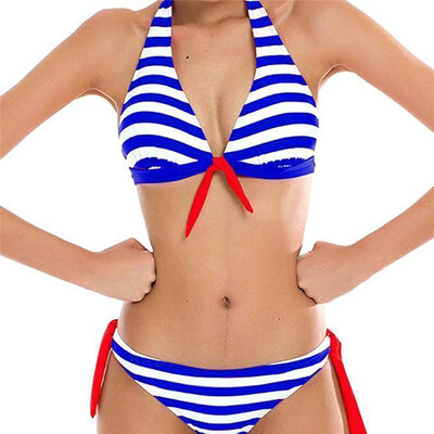 

Hot Sale Black Striped Bikinis Set Women Halter Bandages Top Brazilian Swimsuit Push Up Summer Bathing Suit biquini