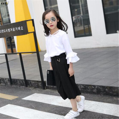 

Children Girls Clothes Set Summer Tops & Wide Leg Pants Solid Chiffon Flare Sleeve Kids Clothing Suits 5 6 7 8 9 10 11 12 Years