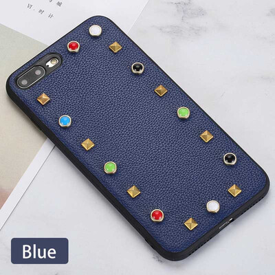 

Genuine Leather Phone Case For iPhone 7 8 Plus Litchi Texture rivet Back Cover For X 6 6S Plus Cases