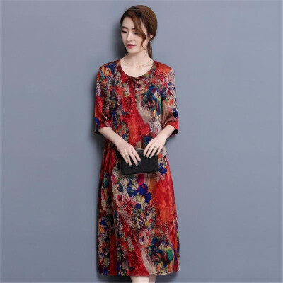 

Silk Haut Elegant Floral Printing Dress Fashion Women Casual Plus Size Fat Mm Femme Dress