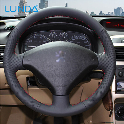 

LUNDA DIY Hand-stitched Black Leather Car Steering Wheel Cover for Peugeot 307 New Car Styling