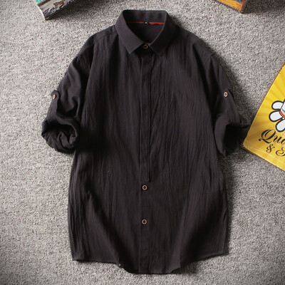 

Summer men&39s seven-point sleeve shirt Korean version slim fit casual seven-point sleeve shirt cotton&hemp half-sleeve and