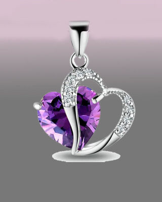 

925 Sterling Argent Femme Diamant Violet Coeur Collier Pendentif strass Cristal