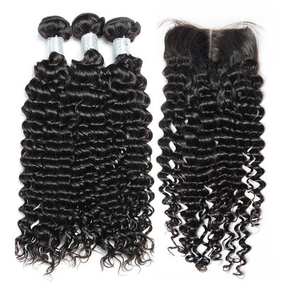 

8A Peruvian Curly Virgin Hair With Closure 4Pcs Lot 100 Peruvian Remy Human Hair Weaves 3 Bundles And Lace Closures Natural Black