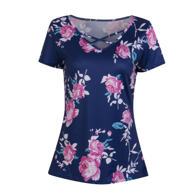 

Summer Women Blouse Floral Short Sleeve Ladies Chiffon Loose Casual T-shirt Tops