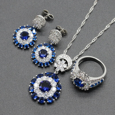 

Luxurious Geometry Multicolor Stone Silver Plated Jewelry Sets for Women Choker Earring Ring Five Colors Available Free Gift Box